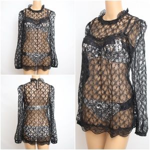 Jaspal Vintage Black See-Through Lace Top Blouse S